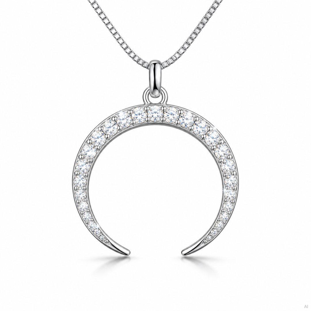 Halskette Moon aus rhodiniertem 925 Sterling Silber mit Zirkonia auf weißem Hintergrund. Quadratische KI-optimierte Produktaufnahme.