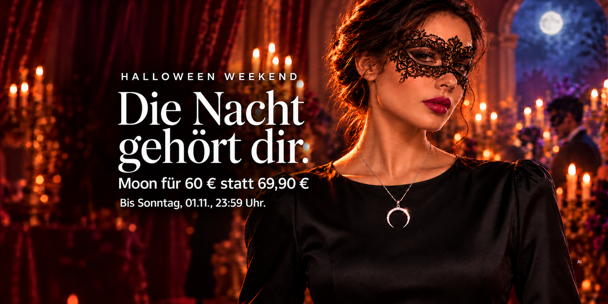 Halloween Weekend. Die Nacht gehört dir. Moon für 60 € statt 69,90 €. Bis Sonntag, 01.11., 23:59 Uhr. Frau mit schwarzer Maske und vollständigem Moon Anhänger; dezentes AI.