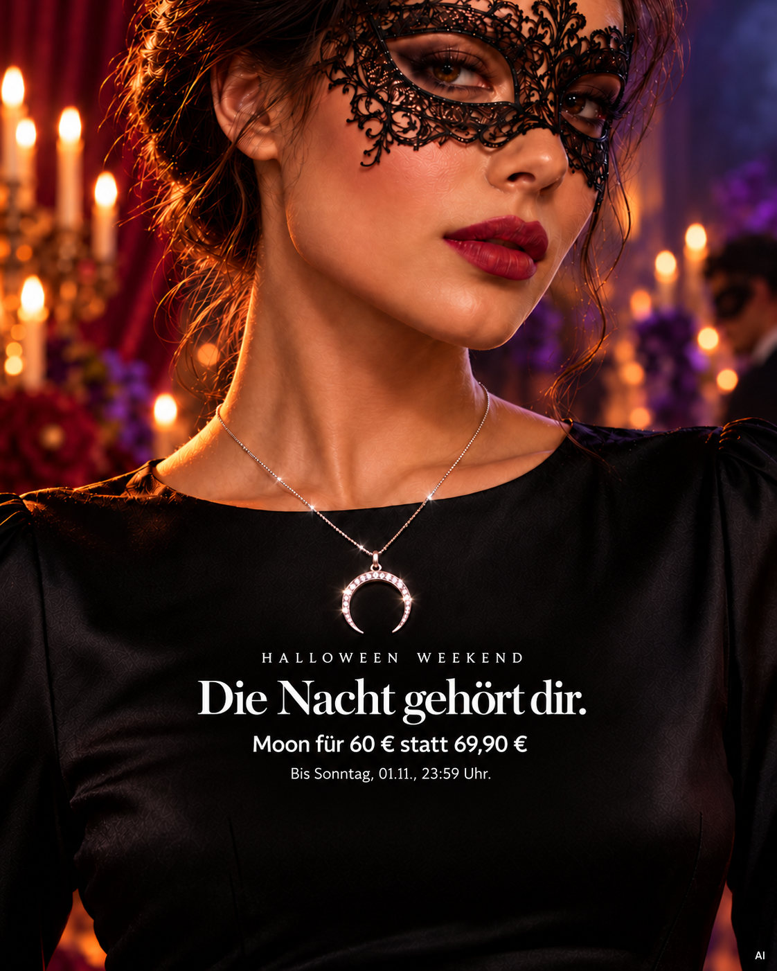 Halloween Weekend. Die Nacht gehört dir. Moon für 60 € statt 69,90 €. Bis Sonntag, 01.11., 23:59 Uhr. Frau mit schwarzer Maske und Moon. AI.