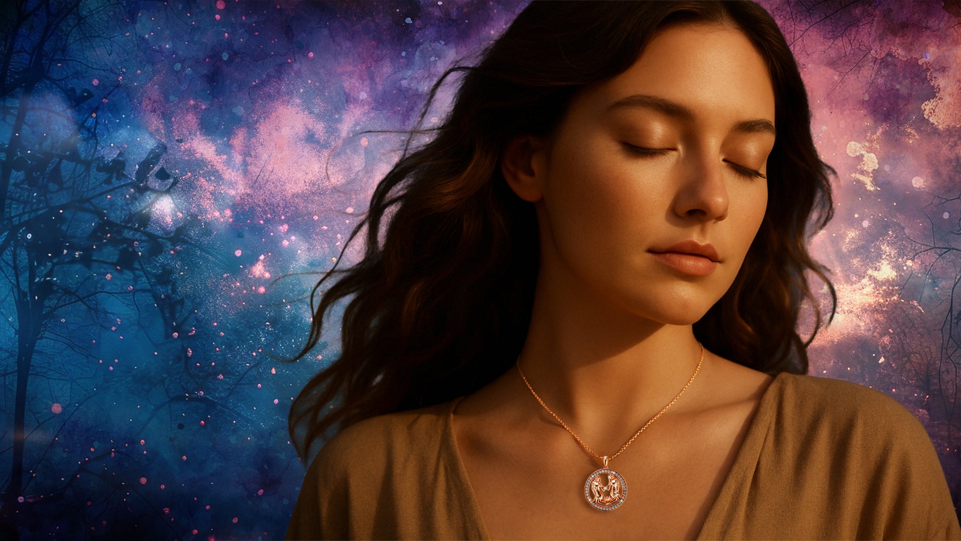 Junge Frau mit geschlossenen Augen trägt ein goldenes Sternzeichen-Amulett vor einem galaktischen, mystischen Hintergrund aus Blau und Rosa.