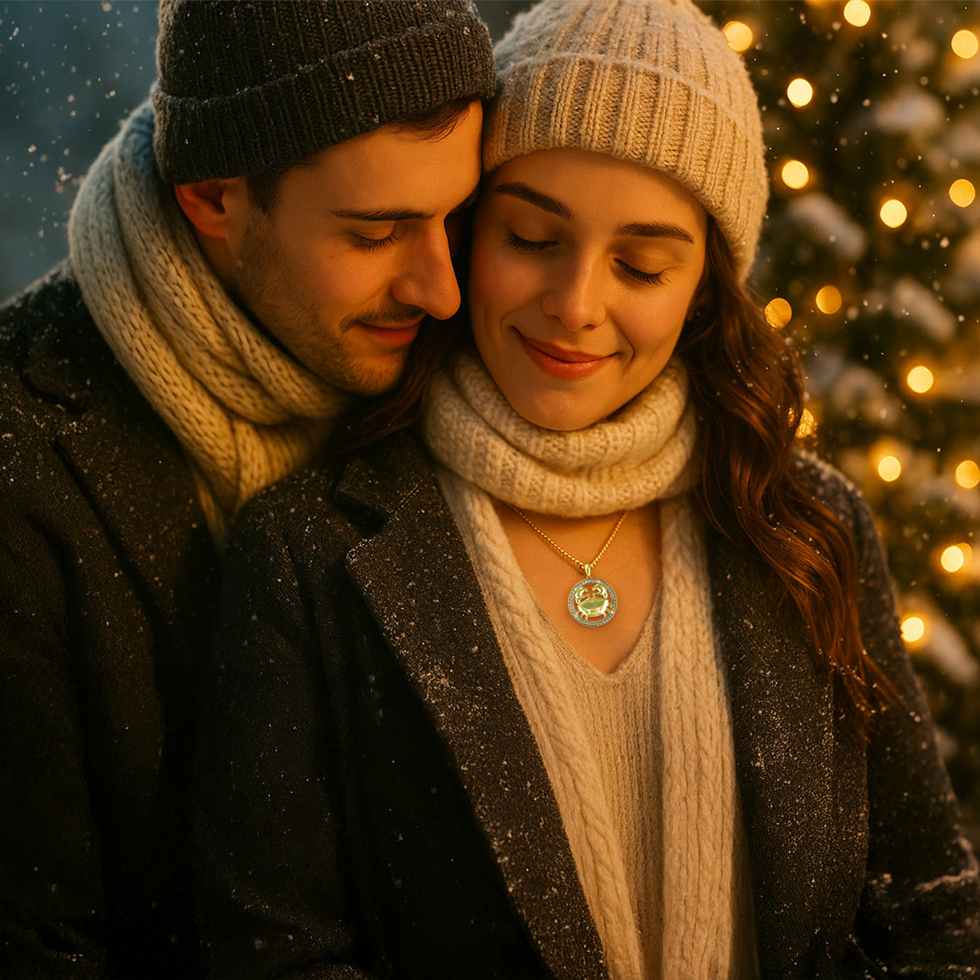 Romantisches Paar im Schnee mit funkelndem Sternzeichen-Anhänger. Emotionale Szene voller Geborgenheit – ideal zur Präsentation von personalisiertem Tierkreiszeichen-Schmuck zu Weihnachten.