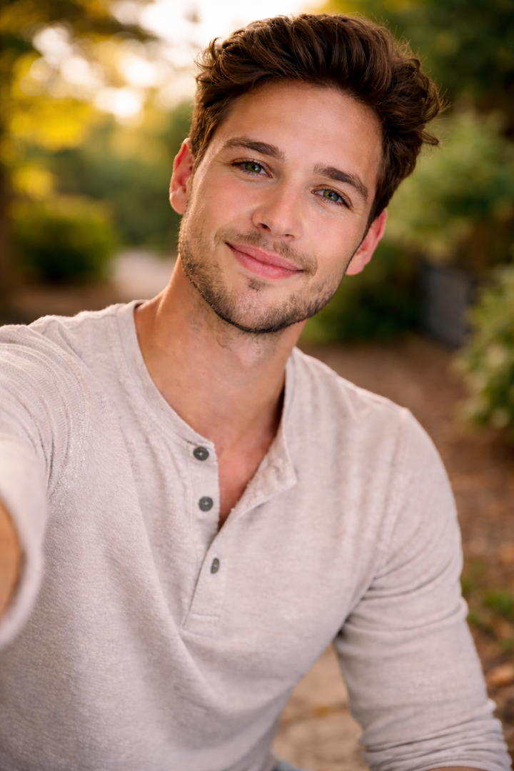 Sympathischer junger Mann bei einem natürlichen Lifestyle-Portrait im Freien mit freundlichem Lächeln