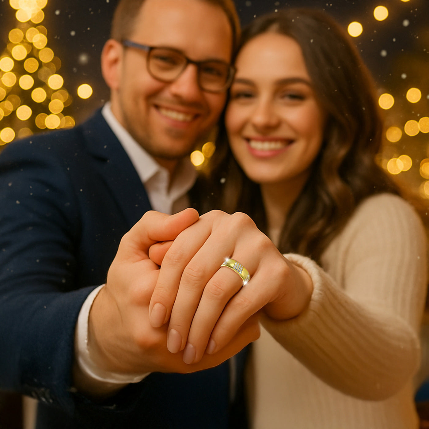 Verliebtes Paar bei festlichem Lichterglanz zeigt stolz funkelnde Ringe. Ein emotionales Weihnachtsmotiv, das Liebe, Zweisamkeit und kostbare Schmuckgeschenke symbolisiert.